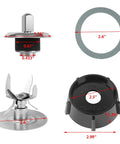 Six Point Fusion Blender Blade Replacement Kit With Jar Base, Two Rubber Seals, Coupling Stud Slinger Pin, And Extra Gasket Set For 4980 4902 Blender Systems, Replacement Parts For Classic Home Blenders Not For Pro 1200 Or Versa components with measurements.