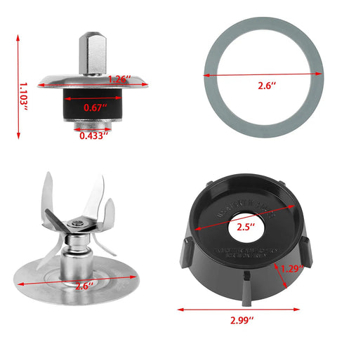 Six Point Fusion Blender Blade Replacement Kit With Jar Base, Two Rubber Seals, Coupling Stud Slinger Pin, And Extra Gasket Set For 4980 4902 Blender Systems, Replacement Parts For Classic Home Blenders Not For Pro 1200 Or Versa components with measurements.