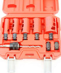 Freud Diablo 9-piece hole saw set in an open orange plastic carrying case