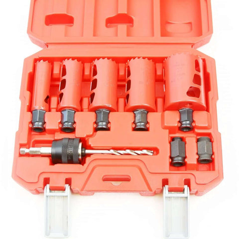 Freud Diablo 9-piece hole saw set in an open orange plastic carrying case