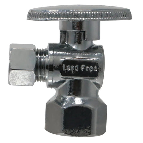 Front view of One Half Inch Female NPT to Three Eighths Inch OD Compression Angle Ball Valve, durable two-piece plumbing fitting