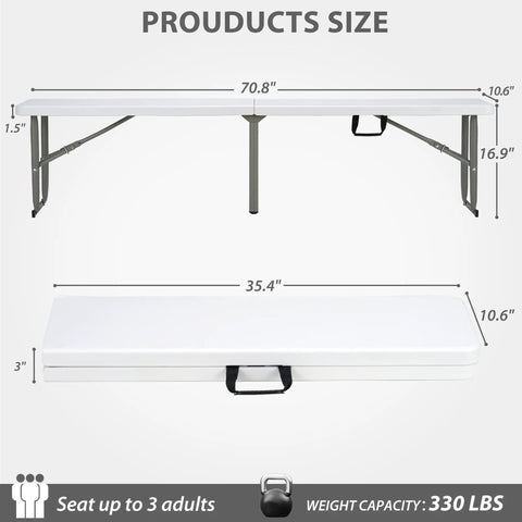 Dimensions of Heavy Duty 6ft Folding Bench With Secure Handle Lock Waterproof Patio Seat Two Pack Built Tough Easy Fold Design.
