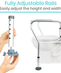 Toilet Safety Rail For Seniors And Disabled with adjustable height and width, showing parts and installation on toilet.