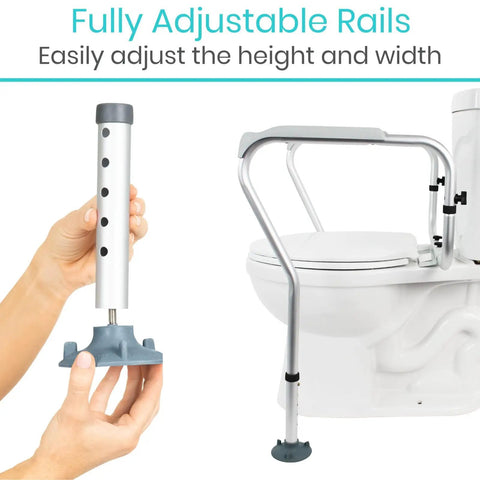 Toilet Safety Rail For Seniors And Disabled with adjustable height and width, showing parts and installation on toilet.