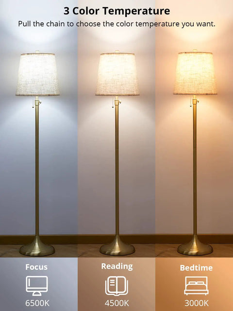 Modern Floor Lamp With Dimmable 9W LED 3 CCT Color Temp Pull Chain Adjustable 58 To 65 Inch Height Dual Linen Shades beige cone