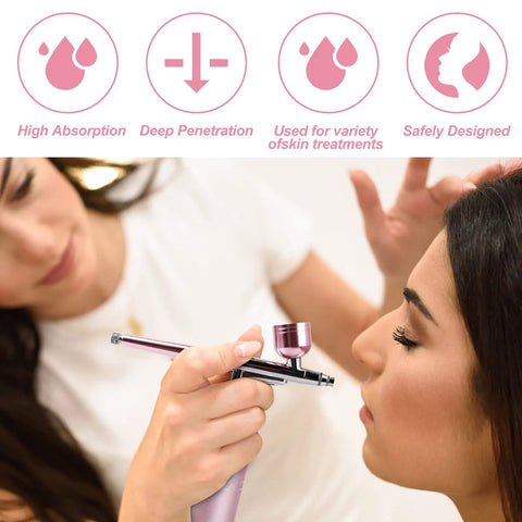 Rechargeable Cordless Airbrush Kit With Portable Wireless Air Brush Gun used for makeup application on woman's face, pink color