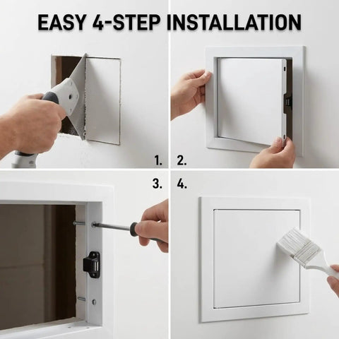 Easy installation steps for Top Tier Aluminum Access Panel For Drywall Featuring No Sweat Push To Open Flush Mount Latch, 18X32.