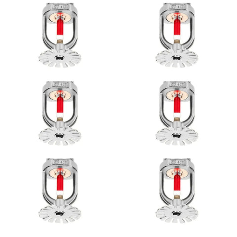 Six Pack Heavy Duty Fire Sprinkler Heads Half Inch Thread Quick Response Pendent Style with red indicator, mounted for fire safety.