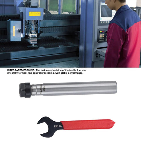 Straight Shank ER11 Collet CNC Lathe Milling Tool Holder and wrench displayed with machinery for precision machining.