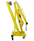 Heavy Duty Folding Engine Hoist With Hydraulic Lift And Six Swivel Wheels Providing Real Serious Muscle For Pulling Blown Engines Out Of Beater Cars Daily, side view.