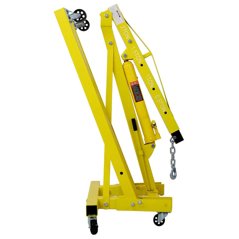 Heavy Duty Folding Engine Hoist With Hydraulic Lift And Beefy Steel Frame, 4000 Pound Capacity angled view showing robust yellow steel frame.
