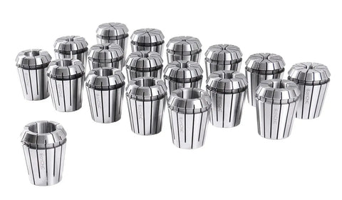 18-piece ER32 collet set from 3mm to 20mm by 1mm increments displayed against white background.