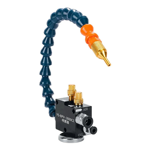 Top Shelf Pneumatic Lathe Cooling Sprayer Built For Hardcore Shop Floor Machining Operations Featuring Bombproof Durability And Swappable 300Mm Plus 400Mm Blue Nozzles To Keep Your Coolant Flowing Smooth Daily - Close-up of YS-BPV-3000 nozzle and air connector.