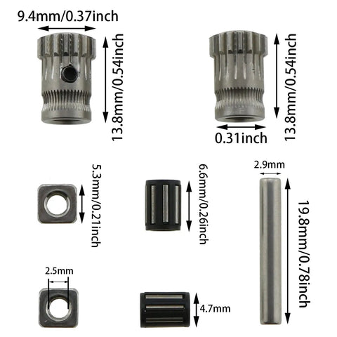Dimensions and parts of Dual Drive Gears Kit For 3D Printer Hardened Steel Pro Grade No Slip Teeth Extrusion Wheel visible
