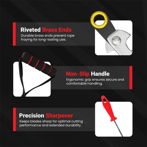 Riveted brass ends, non-slip handle, and precision sharpener of 55 Inch High Limb Rope Saw With 360 Rope Chain For Manual Tree Limb Cutting Dual Sided Blades Ergonomic Handles Ultra Easy Jam Free Quick Cut Pocket Chainsaw With Carrying Case.