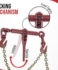 Two Pack Heavy Duty Ratchet Chain Binders For 1/4 To 5/16 Inch Chain In Red showing locking mechanism and hooks