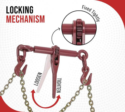 Close-up of locking mechanism on 4 Pack Heavy Duty Ratchet Lever Load Binder with grab hooks for 3/8 to 1/2 inch chain.