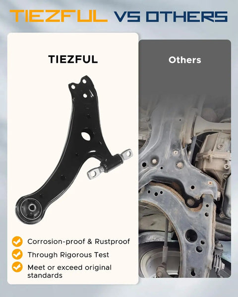 Camry Front Suspension Control Arm Kit For 2012 2017 Eight Piece Front Lower Control Arms And Ball Joints Assembly Direct Fit For Easy Install Quiet Ride And Reliable Handling, black steel control arm shown with rustproof comparison