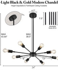 Dope Modern Sputnik 8-Light Industrial Matte Black Chandelier With 180 Degree Rotatable Lamp Cups, dimensions shown.