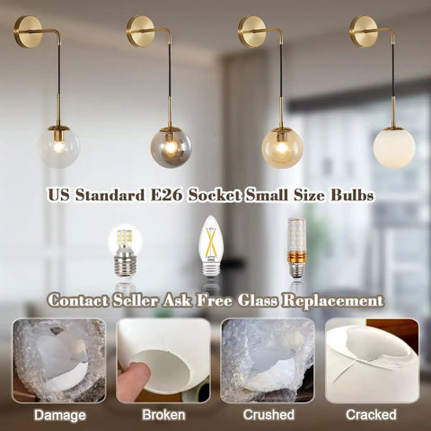 Mid Century Modern Globe Wall Sconce Set Of Two Plug In Brushed Brass Gold Finish With Clear Bubble Glass Balls lighting display