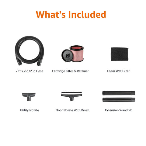 Accessories for 12 Gallon 5 HP Wet Dry Vacuum Cleaner For Home Garage And Job Site with reusable filters and 7-foot hose.