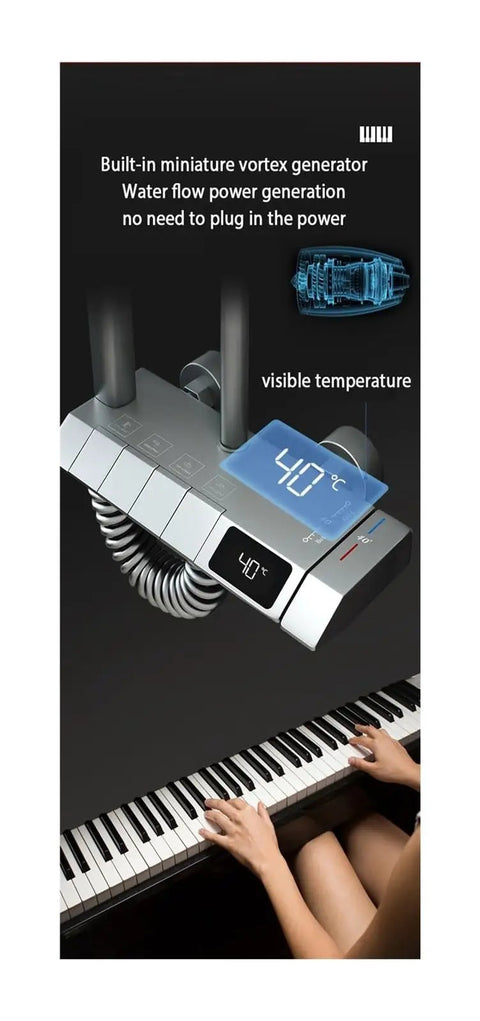 RIBEUJIZS Digital Display Bathroom Shower Faucet Sets, handheld shower display showing 40°C temperature on black piano background.