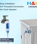 Inline Anti Scale Water Filter For Washing Machine And Home Water System next to a washing machine connected to a faucet