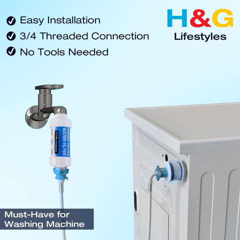 Inline Anti Scale Water Filter For Washing Machine And Home Water System next to a washing machine connected to a faucet