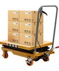 Heavy Duty Hydraulic Scissor Lift Table With Silent Electric Drive Built Like A Tank For Garage Crews Delivering 330 Lbs Of Easy Vertical Lift Up To 45 Inches High, lifting stacked boxes in a warehouse.
