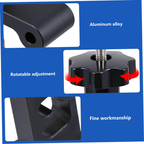 Close-up of Woodworking T Track Hold Down Clamp With Quick Act Pressure Plate details, showcasing aluminum alloy, rotatable adjustment, and fine workmanship.