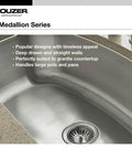 Medallion Designer Stainless Steel 24 Inch Undermount Sink with One Deep Bowl and Strainer in granite countertop view