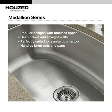 Medallion Designer Stainless Steel 24 Inch Undermount Sink with One Deep Bowl and Strainer in granite countertop view