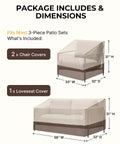 Illustration of 3 Piece Patio Furniture Covers Set dimensions for chairs and loveseat with waterproof heavy duty 600D Oxford fabric.