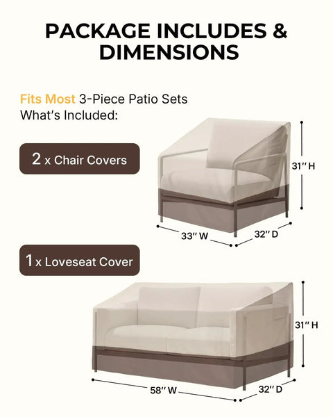 Illustration of 3 Piece Patio Furniture Covers Set dimensions for chairs and loveseat with waterproof heavy duty 600D Oxford fabric.