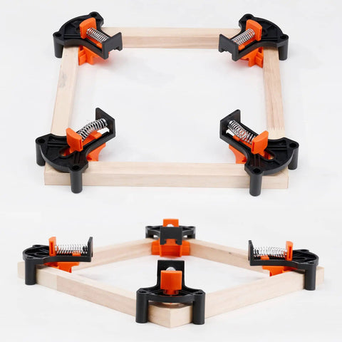 60 90 120 Degree Multi Corner Clamps Set Four For Woodworking on wooden frame, adjustable spring loaded right angle clamps for carpentry.
