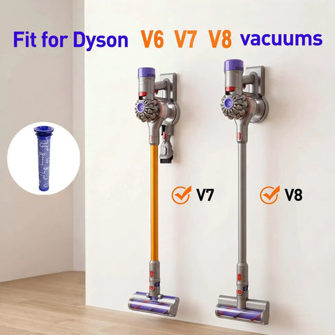 Image of 2 Dyson V6 V7 V8 vacuums with pre filters, compatible with DC58 DC59, showcasing replacement pre filters for Dyson series.