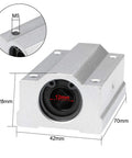 SCS12LUU Linear Ball Bearing Slide Block Unit with 12mm bore, aluminum housing, showing dimensions and mounting hole size, pack of 2