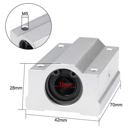 SCS12LUU Linear Ball Bearing Slide Block Unit with 12mm bore, aluminum housing, showing dimensions and mounting hole size, pack of 2