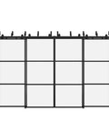 Premium Clear Tempered Glass Bypass Barn Doors 144 By 96 Inches with black carbon steel hardware and soft close tracks.