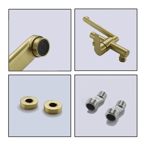 ntumLeap Brushed Nickel Wall Mounted Kitchen Faucet 180° Rotating Hot & Cold Water Mixer, detailed parts and fittings.