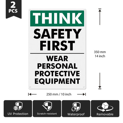 Think Safety First Signs 2 Pack, 14 by 10 Inches, Rust Free Aluminum With UV Protective Finish, Durable Workplace Safety Signs for Offices, Hallways, and Common Areas. 2-pack safety sign