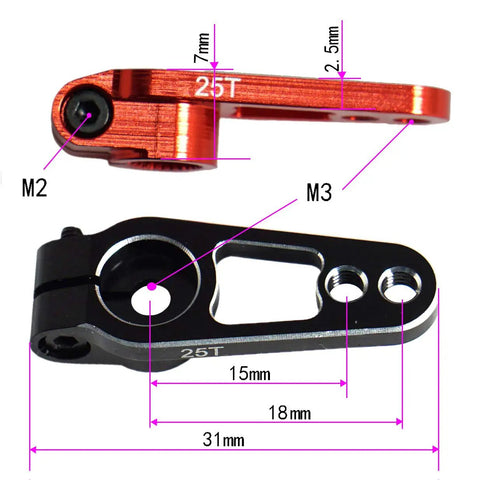 2Pcs Metal 25T Servo Horn 25 Teeth Spline Steering Arm Rocker for RC Cars, showing red and black arms with measurements