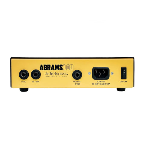 Back panel of Abrams100 100W Guitar Amp Head With Class D Power, showing inputs, outputs, and power switch, black and yellow design