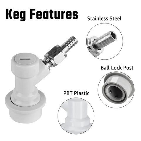 Two Pack Ball Lock Disconnect Fittings With Five Sixteenths Inch Stainless Steel Gas Barb For Kegging Setups, MFL Quick Disconnect Swivel Nut Design, Compatible With Ball Lock Posts And Sankey Adapters, stainless steel and PBT plastic