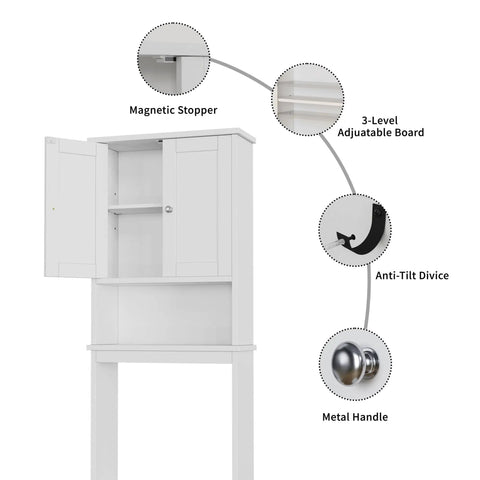 Over The Toilet Storage Cabinet With Adjustable Shelf And Anti Tip Base Freestanding Bathroom Rack features magnetic stopper and anti-tilt device.