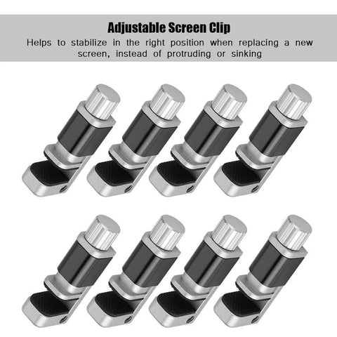 Eight-pack phone screen clip with adjustable aluminum fixture and rubber pads for LCD screen alignment and repair, universal fit.