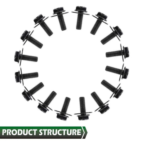 20 Piece M6 1.0x16mm Body Bolt Screws With 10mm Hex And 17mm Washer Black Steel Fender Fasteners OE Standard Durable And Impact Resistant Car Body Hardware Replacement arranged in a circle.