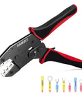 Ratchet Crimping Tool For Heat Shrink Connectors AWG 22 To 10 Pro Wire Crimper with ergonomic grip and connector types shown