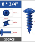 Blue Pocket Hole Screws 8 x 3/4 Inch 200 PC Pack Self Tapping Wood Screws with dimensions and close-up view