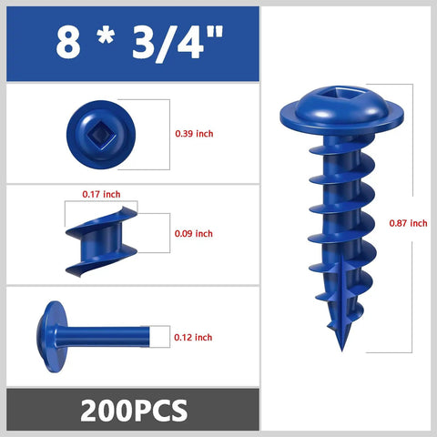 Blue Pocket Hole Screws 8 x 3/4 Inch 200 PC Pack Self Tapping Wood Screws with dimensions and close-up view